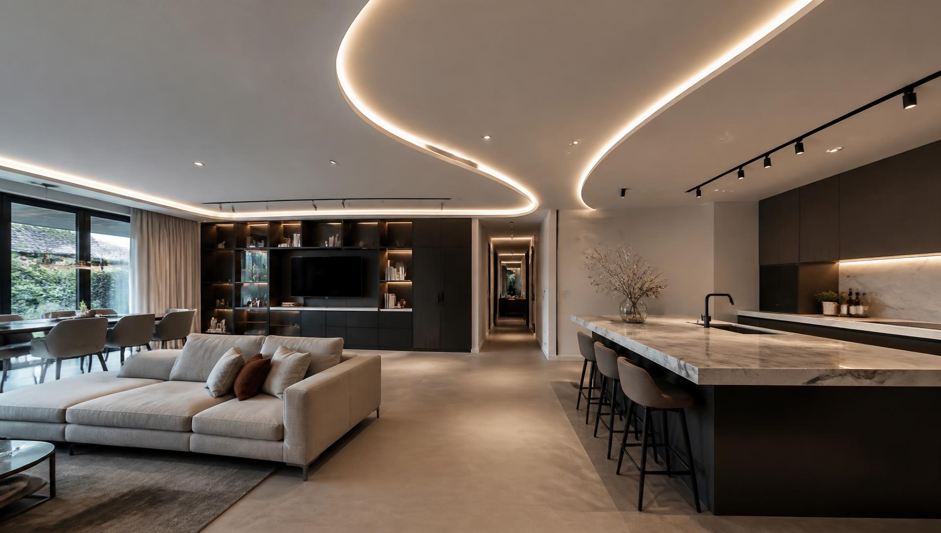 Modern interieur met gyproc plafond en ingebouwde verlichting